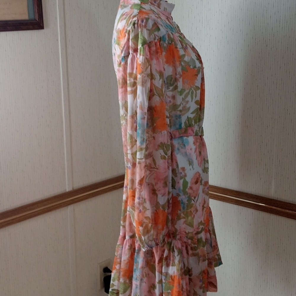Taylor Pink and Orange Floral Long-Sleeve Button Dress with Tie Waist, Cottage C - Picture 9 of 10